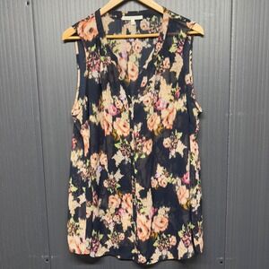 Daniel Rainn Floral Sheer Sleeveless Blouse Navy Button Front Top Size 2X